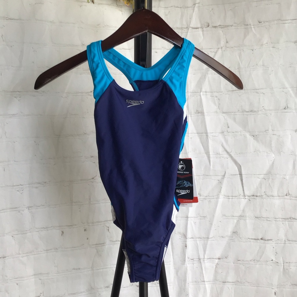 Speedo Girls  Navy and Aqua Racerback Performance One-Piece Swimsuit